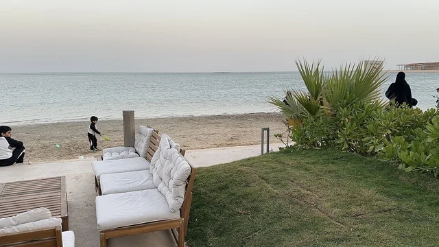 نباتات وشجيرات مزروعة، سولت البحر وجهة ترفيهية وشاطئية عائلية تقع على طريق الكورنيش في الخبر في المملكة العربية السعودية، تجديدات إضافية وتطويرات في 3  يناير 2026، شاطئ رملي مع وجود مظلات وأشجار نخيل