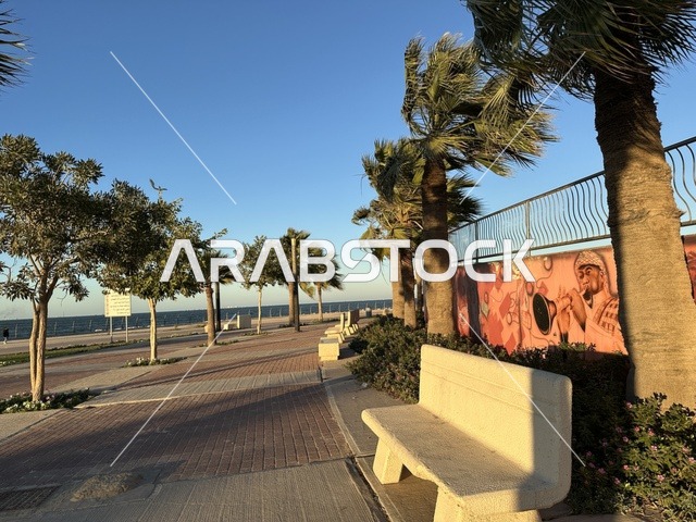 مساحة واشجار ونباتات خضراء، الواجهة البحرية في مدينة الدمام في وقت الغروب، منطقة حيوية ومتنفس رئيسي لسكان وزوار المنطقة الشرقية، كورنيش مطل على الخليج العربي في المملكة العربية السعودية