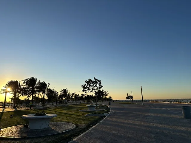 مساحة واشجار ونباتات خضراء، الواجهة البحرية في مدينة الدمام في وقت الغروب، منطقة حيوية ومتنفس رئيسي لسكان وزوار المنطقة الشرقية، كورنيش مطل على الخليج العربي في المملكة العربية السعودية