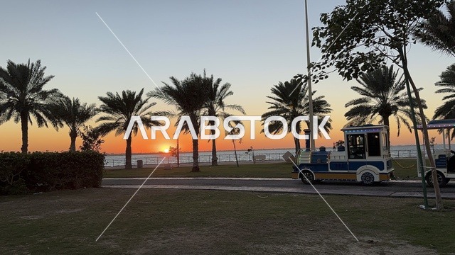 اشجار النخيل الخضراء، الواجهة البحرية في مدينة الدمام في وقت الغروب، منطقة حيوية ومتنفس رئيسي لسكان وزوار المنطقة الشرقية، كورنيش مطل على الخليج العربي في المملكة العربية السعودية