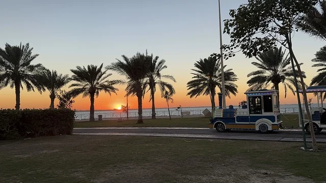 اشجار النخيل الخضراء، الواجهة البحرية في مدينة الدمام في وقت الغروب، منطقة حيوية ومتنفس رئيسي لسكان وزوار المنطقة الشرقية، كورنيش مطل على الخليج العربي في المملكة العربية السعودية