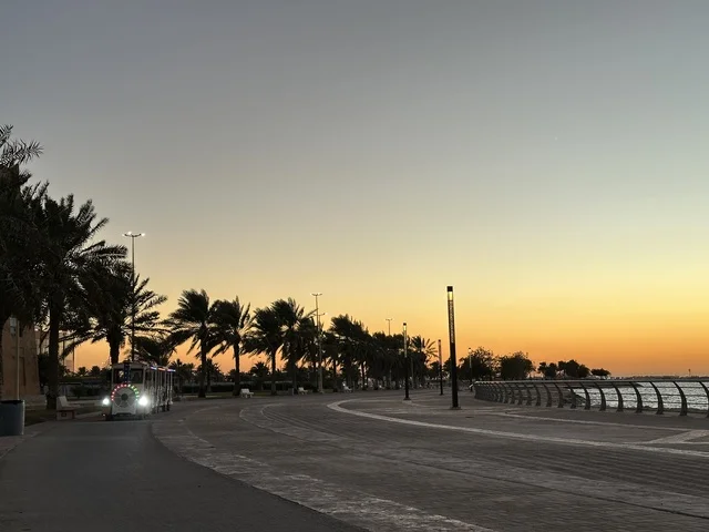 اشجار النخيل الخضراء، الواجهة البحرية في مدينة الدمام في وقت الغروب، منطقة حيوية ومتنفس رئيسي لسكان وزوار المنطقة الشرقية، كورنيش مطل على الخليج العربي في المملكة العربية السعودية