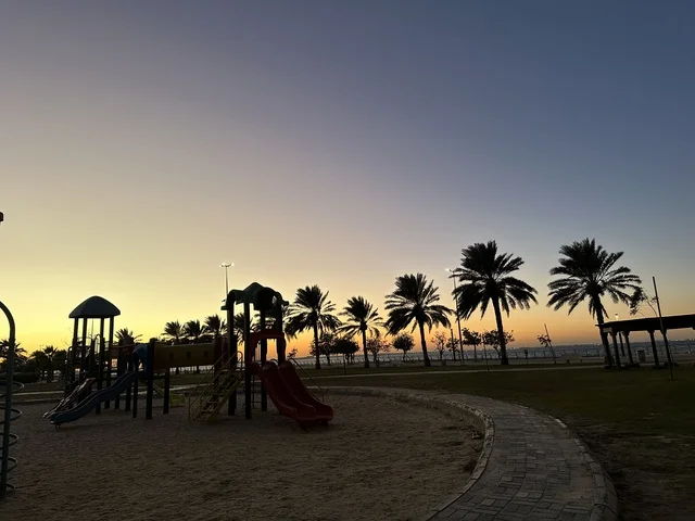 اشجار النخيل الخضراء، الواجهة البحرية في مدينة الدمام في وقت الغروب، منطقة حيوية ومتنفس رئيسي لسكان وزوار المنطقة الشرقية، كورنيش مطل على الخليج العربي في المملكة العربية السعودية