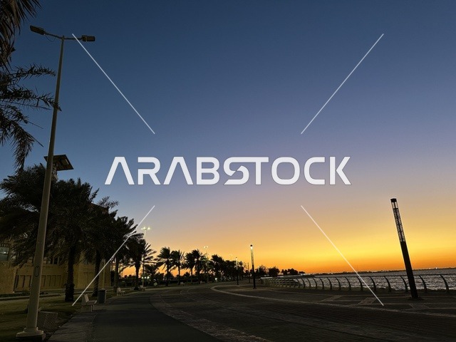 اشجار النخيل الخضراء، الواجهة البحرية في مدينة الدمام في وقت الغروب، منطقة حيوية ومتنفس رئيسي لسكان وزوار المنطقة الشرقية، كورنيش مطل على الخليج العربي في المملكة العربية السعودية