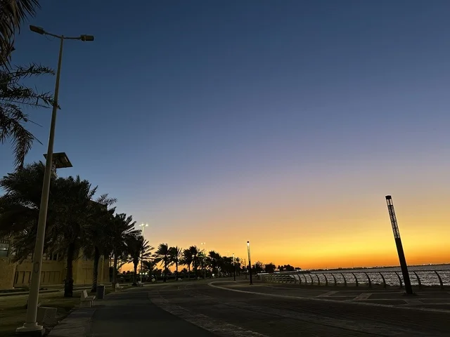 Green palm trees, the waterfront in the city of Dammam at sunset, a vibrant area and a main outlet for the residents and visitors of the Eastern Province, a corniche overlooking the Arabian Gulf in the Kingdom of Saudi Arabia.