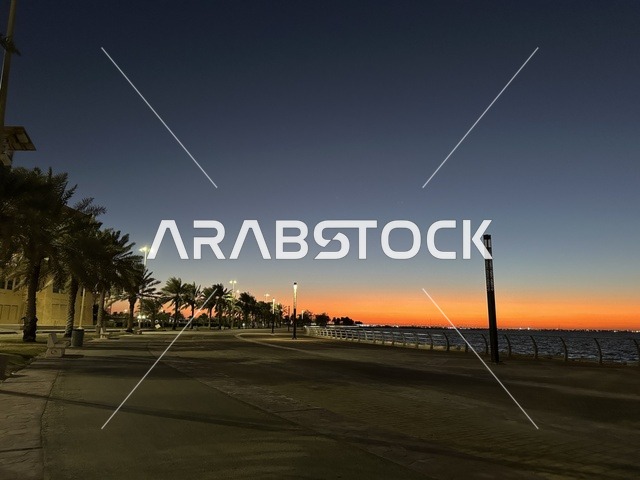 اشجار النخيل الخضراء، الواجهة البحرية في مدينة الدمام في وقت الغروب، منطقة حيوية ومتنفس رئيسي لسكان وزوار المنطقة الشرقية، كورنيش مطل على الخليج العربي في المملكة العربية السعودية