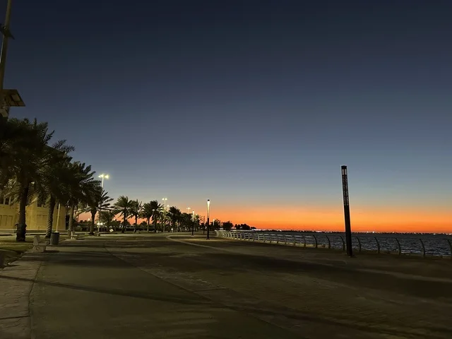 اشجار النخيل الخضراء، الواجهة البحرية في مدينة الدمام في وقت الغروب، منطقة حيوية ومتنفس رئيسي لسكان وزوار المنطقة الشرقية، كورنيش مطل على الخليج العربي في المملكة العربية السعودية