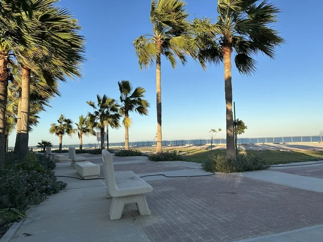 جلسة هادئة في ممشى الواجهة البحرية في مدينة الدمام، منطقة حيوية ومتنفس رئيسي لسكان وزوار المنطقة الشرقية، كورنيش مطل على الخليج العربي في المملكة العربية السعودية