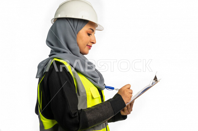 بورتريه مهندسة معمارية عربية سعودية خليجية تحمل بيدها ملف المهام والمخططات ، مهندسة انشاءات محجبة ترتدي بدلة السلامة في العمل ، خوذة العمل ، لباس رسمي للعمل ، مشروع بناء ، خلفية بيضاء