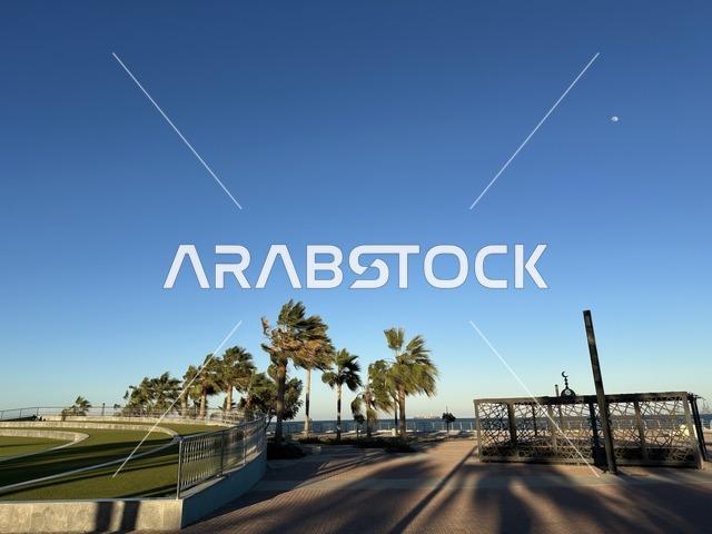 كورنيش مطل على الخليج العربي في المملكة العربية السعودية، اشجار خضراء في ممشى الواجهة البحرية في مدينة الدمام، منطقة حيوية ومتنفس رئيسي لسكان وزوار المنطقة الشرقية
