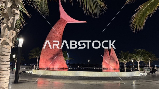 منطقة سياحية شهيرة على البحر الأحمر، مجسم السكمة وسط قناة مائية تفصل بين مسارات الحركة المرورية في منطقة أبحر الشمالية، أشهر المعالم التاريخية في مدينة جدة في المملكة العربية السعودية