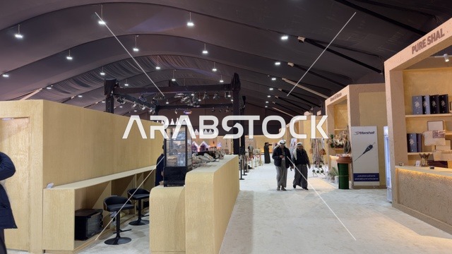 Food product stores at the King Abdulaziz Falcon Festival – Riyadh, Saudi Arabia on January 4, 2026, a national heritage event that reflects the culture of Saudi falconry, featuring shows and competitions for falcons, wide participation from falconers, a heritage atmosphere that combines authenticity and identity, one of the most prominent cultural festivals in the kingdom.