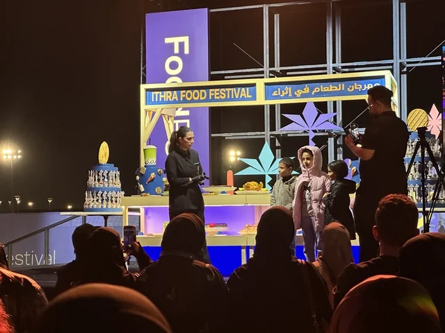 A musical and singing performance at a food festival in the Ithra outdoor gardens in Dhahran, Eastern Province, Saudi Arabia, on December 28, 2025. A global tasting experience, enjoyable outdoor sessions, international and local restaurants, family-friendly and entertaining atmosphere.