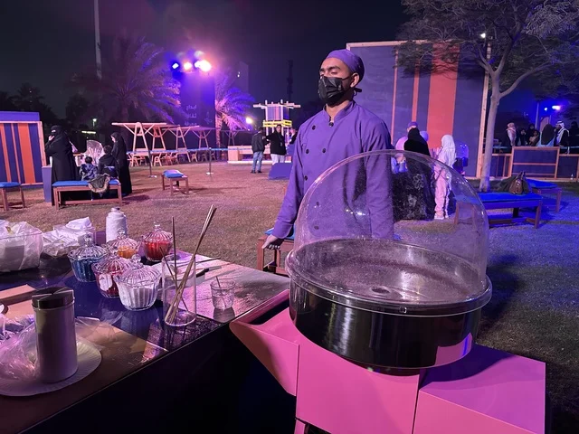 Cotton candy at a food festival in the outdoor gardens of Ithra in Dhahran, Eastern Province, Saudi Arabia, on December 28, 2025. Enjoyable outdoor seating, a global dining experience, family-friendly and entertaining atmosphere, international and local restaurants.