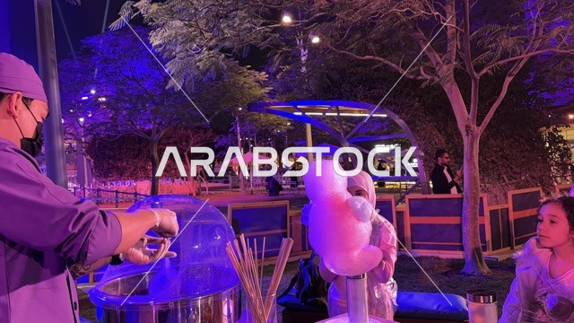 حلوى غزل البنات فى مهرجان للطعام فى حدائق إثراء الخارجية بالظهران، الشرقية ، المملكة العربية السعودية، يوم 28 من ديسمبر 2025 ، جلسات خارجية ممتعه، تجربة طعام عالمية، أجواء عائلية وترفيهية ، مطاعم دولية ومحلية