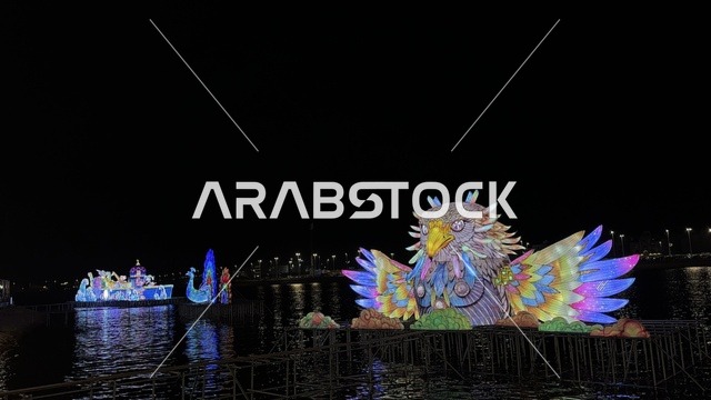 تمثال البومة وسط البحيرة الصناعية في المدينة العالمية يناير 2026 على ضفاف الخليج العربي وبحيرة سيهات في المنطقة الشرقية الدمام، وجهة ترفيهية وثقافية موسمية، الاستمتاع بالمنظر الطبيعي