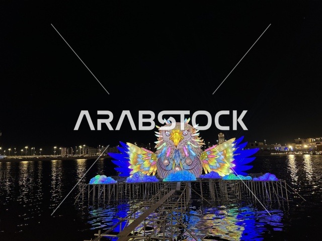 تمثال البومة وسط البحيرة الصناعية في المدينة العالمية يناير 2026 على ضفاف الخليج العربي وبحيرة سيهات في المنطقة الشرقية الدمام، وجهة ترفيهية وثقافية موسمية، الاستمتاع بالمنظر الطبيعي