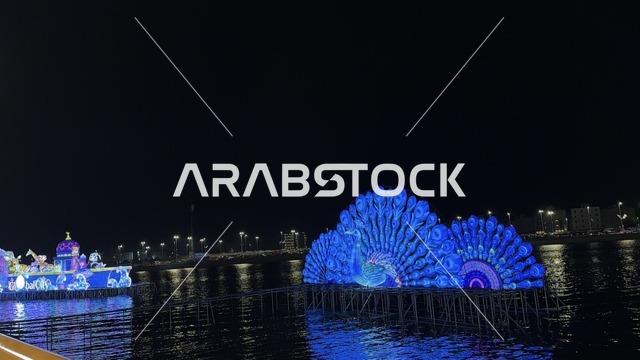 تمثال الطاووس وسط البحيرة في المدينة العالمية يناير 2026 على ضفاف الخليج العربي وبحيرة سيهات في المنطقة الشرقية الدمام، وجهة ترفيهية وثقافية موسمية، الاستمتاع بالمنظر الطبيعي