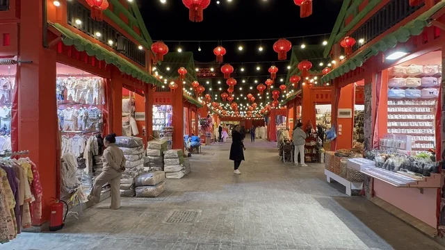 Rows of red lanterns with a Chinese theme, a seasonal entertainment and cultural destination, the Chinese Pavilion in the Global City January 2026 on the shores of the Arabian Gulf and Lake Sehat in the Eastern Province of Dammam, a place to enjoy quality time with family.
