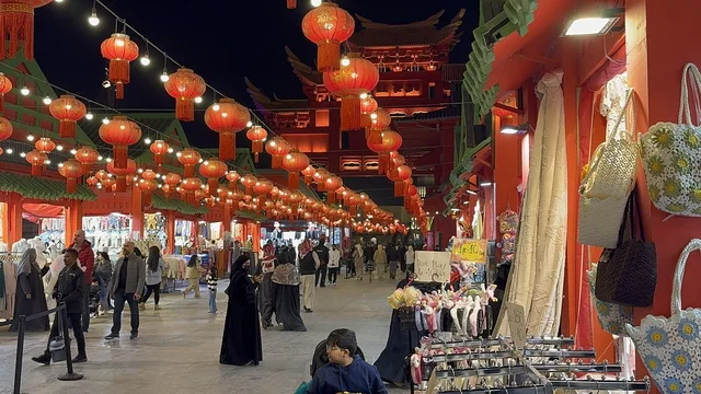 Rows of red lanterns with a Chinese theme, a seasonal entertainment and cultural destination, the Chinese Pavilion in the Global City January 2026 on the shores of the Arabian Gulf and Lake Sehat in the Eastern Province of Dammam, a place to enjoy quality time with family.