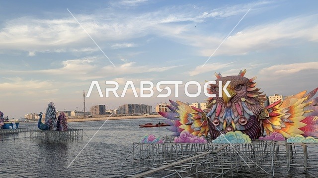 تمثال البومة وسط بحيرة المدينة العالمية يناير 2026 على ضفاف الخليج العربي وبحيرة سيهات في المنطقة الشرقية الدمام، معلم ترفيهي مشهور في المملكة العربية السعودية، تعرف ثقافة البلاد المختلفة، مكان لقضاء وقت ممتع مع العائلة، وجهة ترفيهية وثقافية موسمية