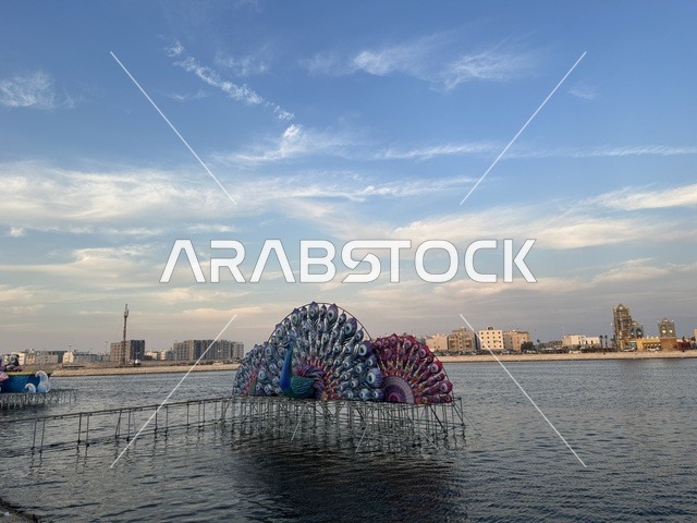 تمثال الطاووس وسط بحيرة المدينة العالمية يناير 2026 على ضفاف الخليج العربي وبحيرة سيهات في المنطقة الشرقية الدمام، معلم ترفيهي مشهور في المملكة العربية السعودية، تعرف ثقافة البلاد المختلفة، مكان لقضاء وقت ممتع مع العائلة، وجهة ترفيهية وثقافية موسمية