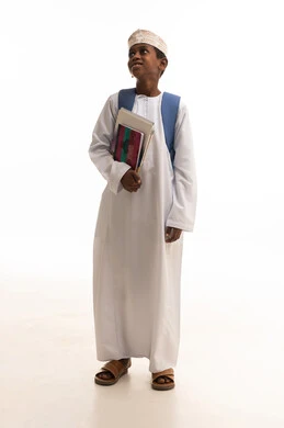 Omani Schoolboy with Backpack and Books on White Background
