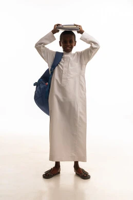 Saudi Boy Student with School Books on White Background