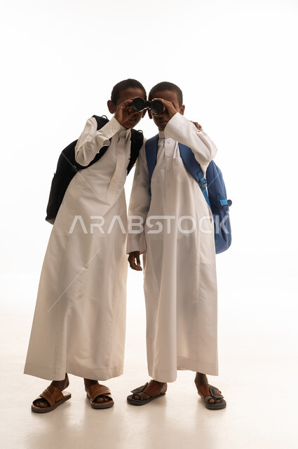 Saudi School Boys with Binoculars on White Background