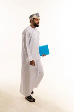 Omani Man Walking with Blue Folder in White Studio