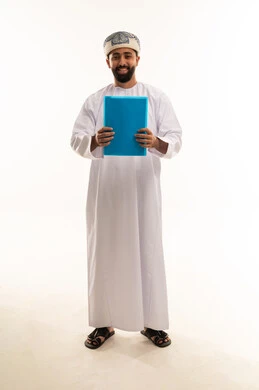 Omani Man in Traditional Dress Holding File Folder