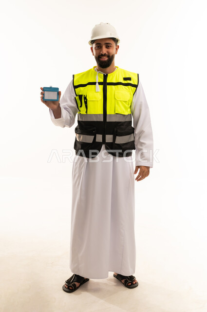 Arab Engineer Holding ID Card on White Background