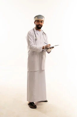 Omani Male Doctor with Clipboard on White Background
