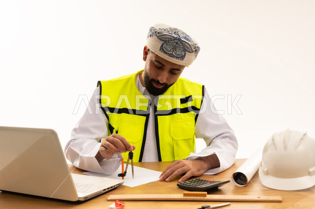 Omani Engineer Drawing Blueprint with Technical Compass