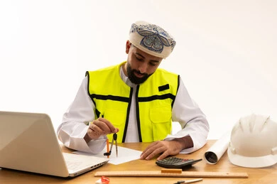 Omani Engineer Drawing Blueprint with Technical Compass