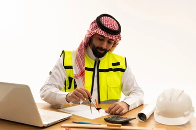 مهندس سعودي يعمل على المخططات الهندسية في المكتب