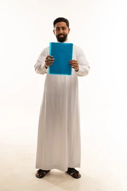 Saudi Man in Traditional Thobe Holding Blue Folder