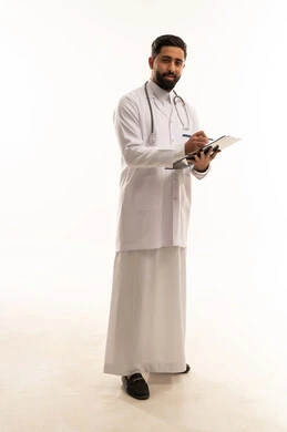 Saudi Male Doctor with Clipboard on White Background