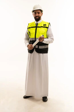 Saudi Engineer in Safety Vest Holding Blueprints