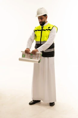 Saudi Male Engineer With Blueprints On White Background