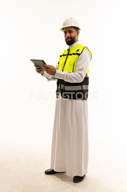 Saudi Engineer with Tablet on White Background