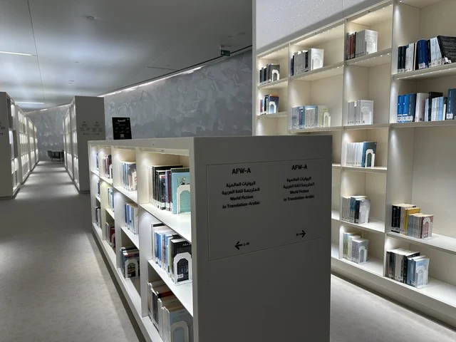 Internal and external lending services, a place for readers and lovers of knowledge, books, and information, the largest public library in Saudi Arabia, October 5, 2025, King Abdulaziz Center for World Culture (Ithra) in Dhahran, Saudi Arabia, books, novels, and stories arranged on the shelves.