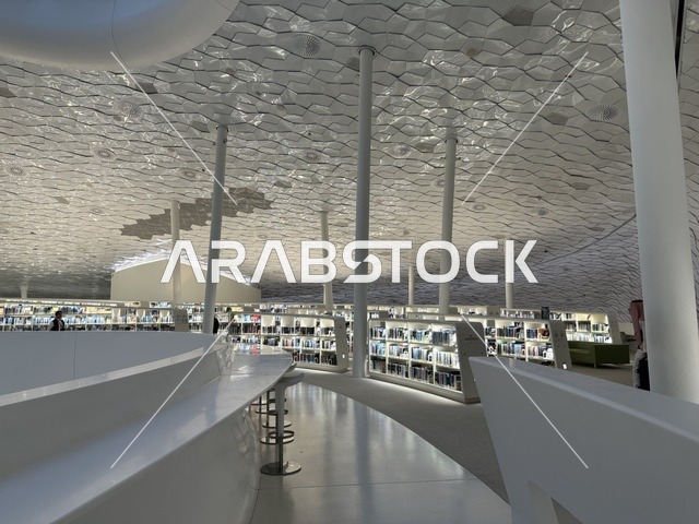 The largest public libraries in Saudi Arabia, a place for readers and lovers of knowledge, books, and culture, a cultural beacon and famous tourist attractions, October 5, 2025, King Abdulaziz Center for World Culture (Ithra) in Dhahran, Saudi Arabia, books, novels, and stories arranged on the shelves.