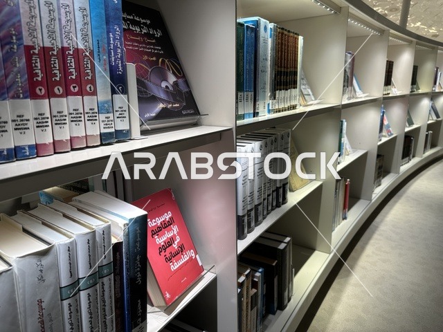 كتب و روايات وقصص مرتبة في الرفوف، أكبر المكتبات العامة في السعوديه، مكان للقراء ومحبي العلم والكتب والمعرفة، منارة ثقافية و معالم سياحية مشهورة، 5 أكتوبر 2025، مركز الملك عبد العزيز الثقافي العالمي (إثراء) في مدينة الظهران في المملكة العربية السعودية.