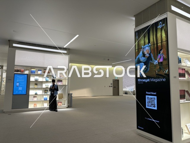 منطقة عرض داخلية واسعة ومضاءة، 5 أكتوبر 2025، مكان للقراء ومحبي العلم والكتب والمعرفة، أكبر المكتبات العامة في السعوديه، مركز الملك عبد العزيز الثقافي العالمي (إثراء) في مدينة الظهران في المملكة العربية السعودية, كتب و روايات وقصص مرتبة في الرفوف.