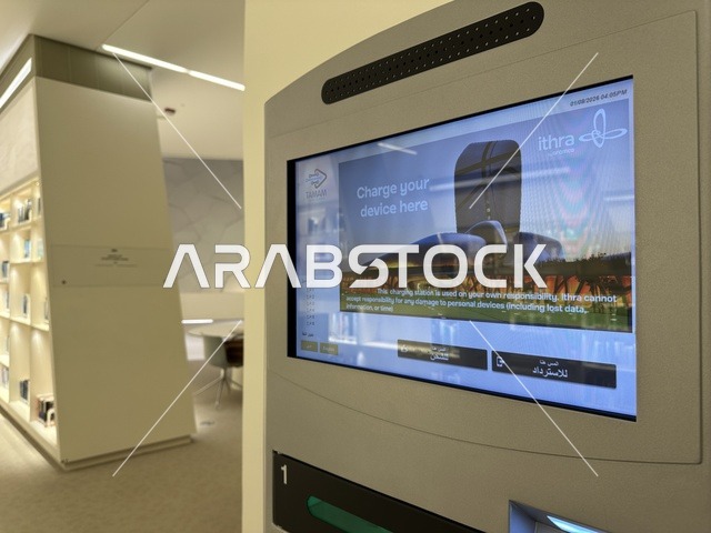 A machine designed for self-borrowing and returning of books, a cultural beacon and famous tourist landmarks, a place for readers and lovers of science, books, and knowledge, the largest public library in Saudi Arabia, October 5, 2025, King Abdulaziz Center for World Culture (Ithra) in Dhahran, Saudi Arabia.