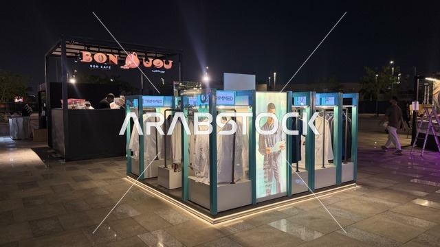 كشك بيع الملابس للرجال، فعالية تكوة في جدة في المملكة العربية السعودية  17 يناير 2026،  تجربة شتوية تجمع بين الترفيه، التسوق، والمطاعم، تشمل الفعالية عرض موسيقي حي وفرق استعراضية متجولة،  مخصصة لجميع أفراد العائلة