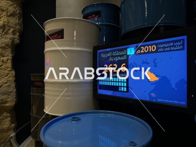 احصائيات احتياطات النفط في معرض الطاقة فى مركز الملك عبدالعزيز الثقافي العالمي ( إثراء ) بالظهران ، المنطقة الشرقية، المملكة العربية السعودية، يوم 19 من يناير 2026 ، فعالية تفاعلية تسلط الضوء على مصادر الطاقة والتقنيات الحديثة، معروضات تعليمية وتجارب علمية مبتكرة، محتوى تعريفي يربط بين الاستدامة والابتكار، أجواء ثقافية ملهمة تناسب جميع الفئات.