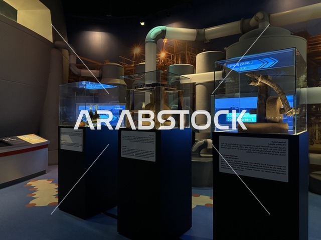 Interactive industrial models at the Energy Exhibition at the King Abdulaziz Center for World Culture (Ithra) in Dhahran, Eastern Province, Saudi Arabia, on January 19, 2026. The event highlights energy sources and modern technologies, featuring educational exhibits and innovative scientific experiments, informative content that connects sustainability and innovation, and inspiring cultural atmospheres suitable for all categories.