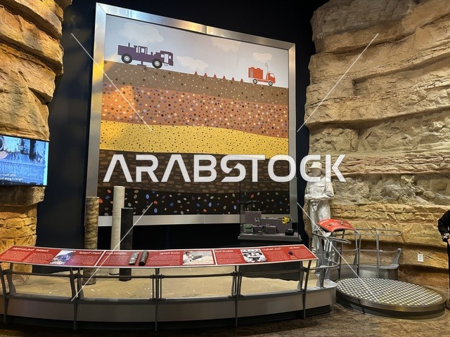 مجسم لطبقات الأرض الجيولوجية في معرض الطاقة فى مركز الملك عبدالعزيز الثقافي العالمي ( إثراء ) بالظهران ، المنطقة الشرقية، المملكة العربية السعودية، يوم 19 من يناير 2026 ، فعالية تسلط الضوء على مصادر الطاقة والتقنيات الحديثة، معروضات تعليمية وتجارب علمية مبتكرة، محتوى تعريفي يربط بين الاستدامة والابتكار، أجواء ثقافية ملهمة تناسب جميع الفئات.